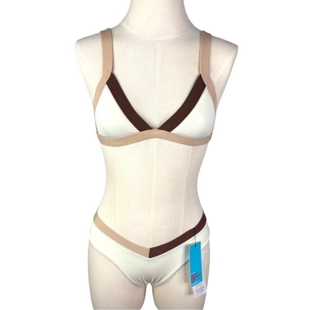 NWT OneOne Bikini sz XS * Kameron Top & Jesse Bottom Colorblock Ivory Tan Brown